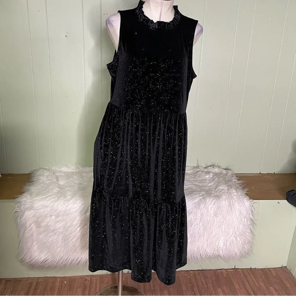 J. CREW Glitter Velvet Tiered Midi Holiday Dress Black Gold Size 12